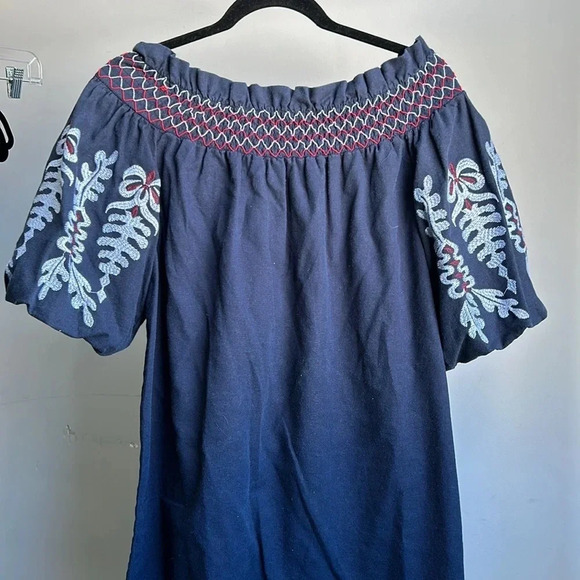 Navy Blue Off the Shoulder Shirt with Embroidery | Rebellion Off the Shoulder - Picture 2 of 13